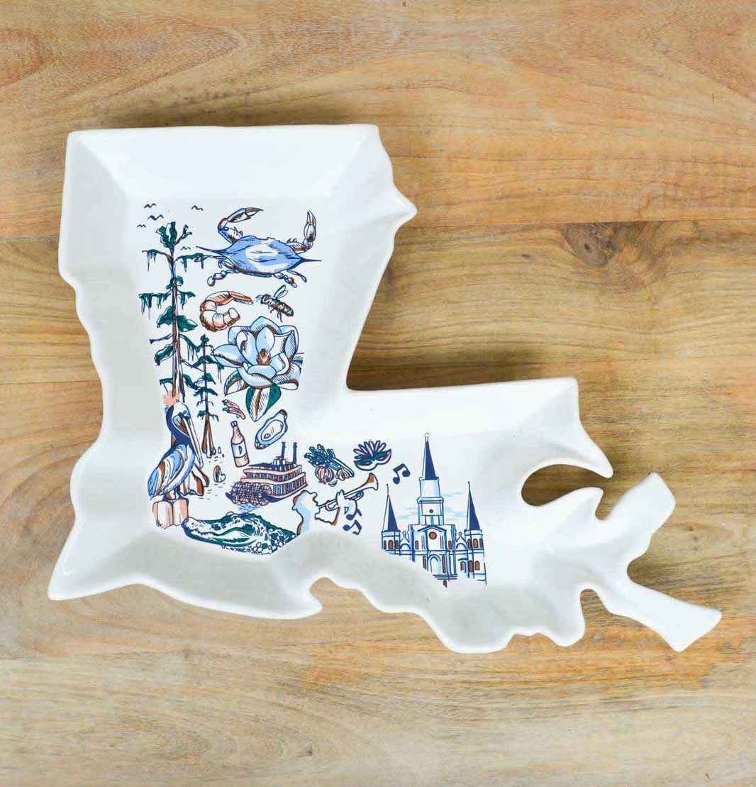 Louisiana Love State Shaped Platter White/Multi 16"