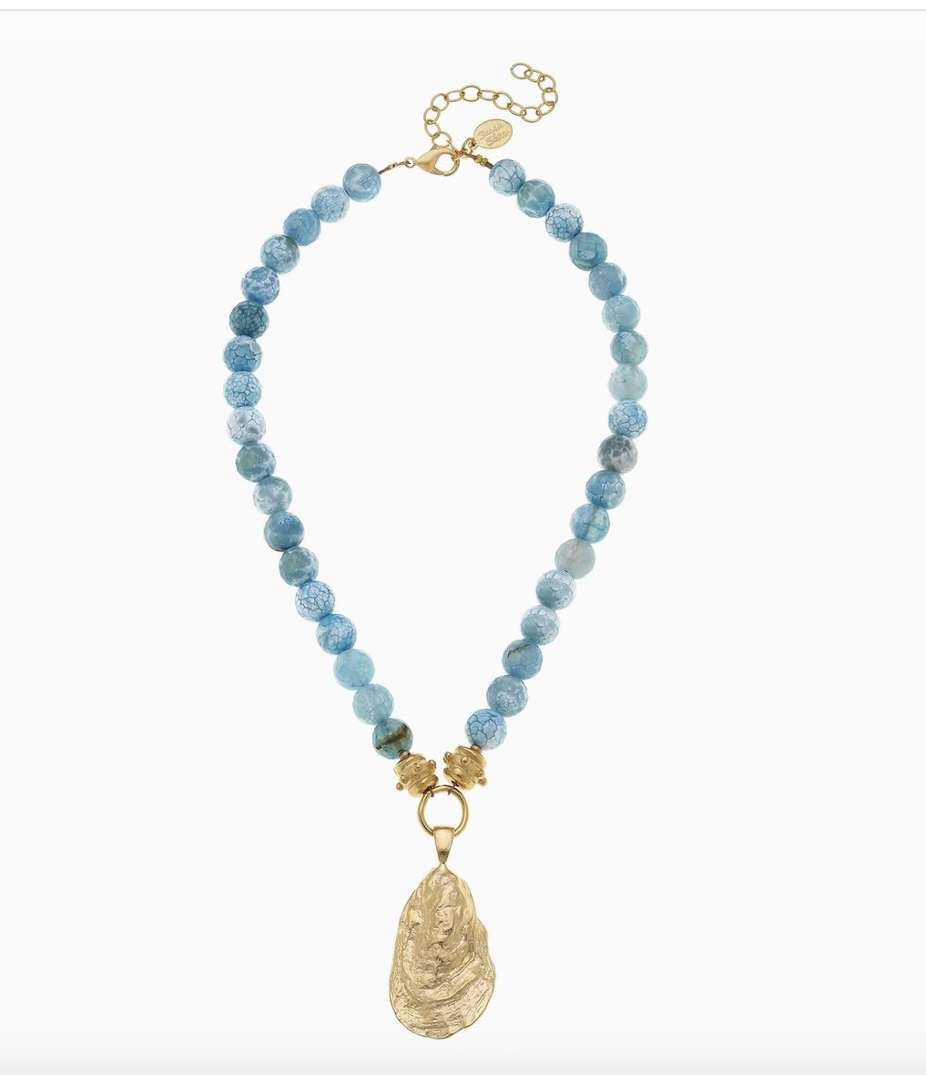 Gold Oyster Shell On Aqua Fire Agate Necklace