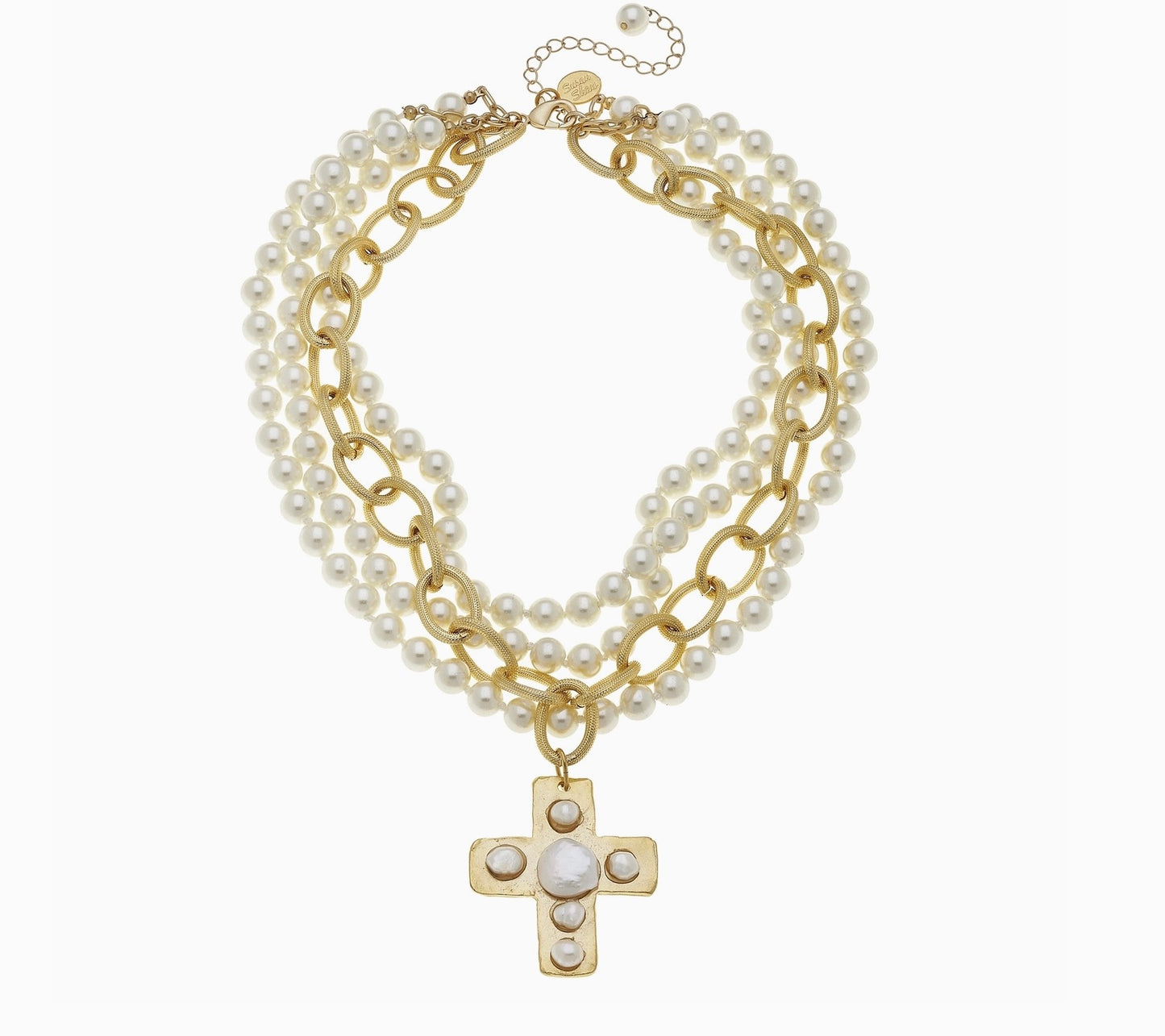 Multi Strand Gold Cross Pearl Necklace