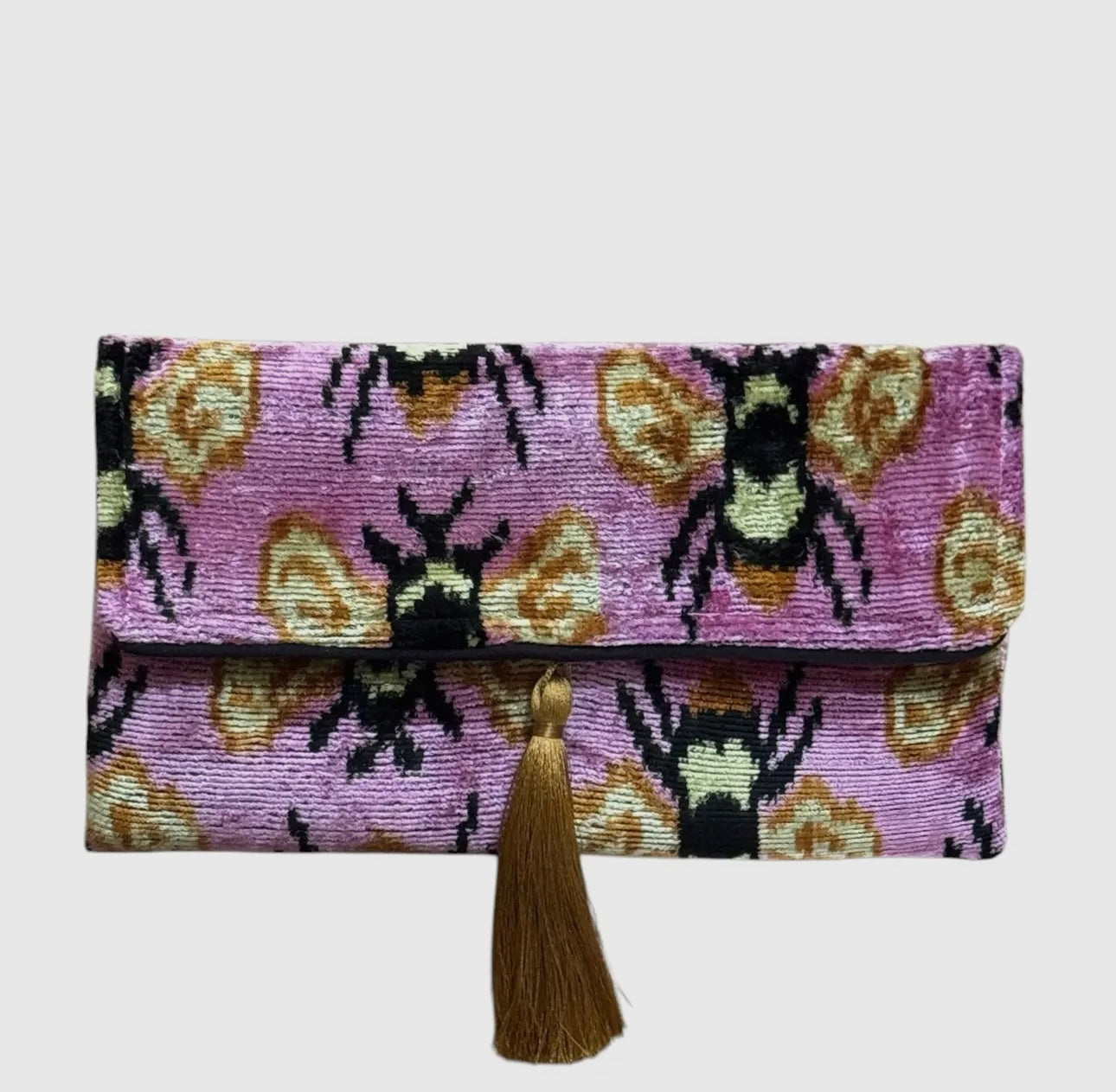 Silk Velvet IKAT Clutch - Pink Honey Bee