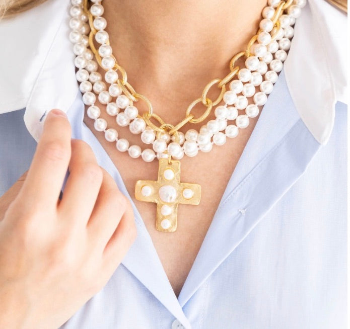 Multi Strand Gold Cross Pearl Necklace