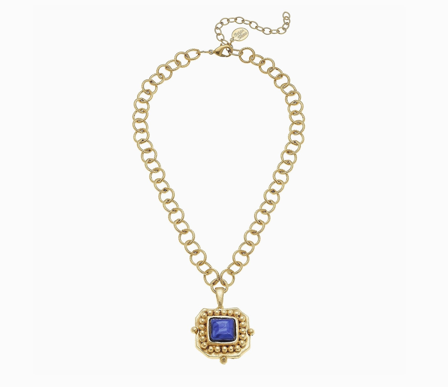 Gold Blue Crystal Pendant Chain Necklace