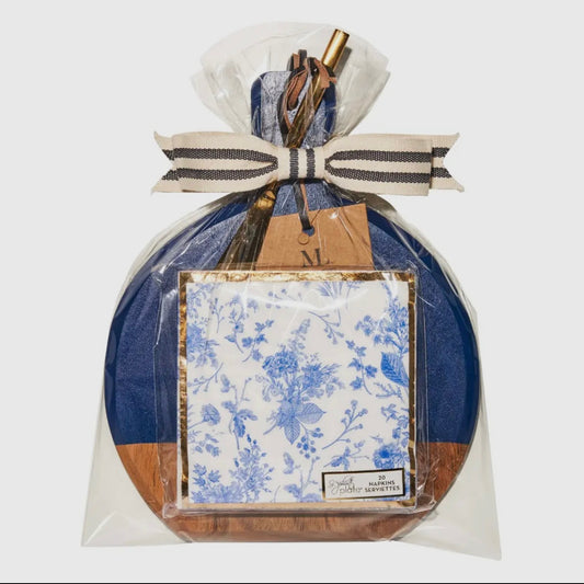 Bevel Board Kit - 9.75 X 8" Blue Acacia Medium w/ Gold Spreader, Timeless Napkin, and Ribbon