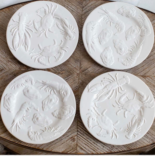 Coastal Seafood Embossed Plates White 8" Set of 4