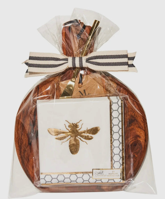 Bevel Board Kit - 9.75 X 8" Acacia Medium w/ Gold Spreader, Honeybee Napkin, and Ribbon