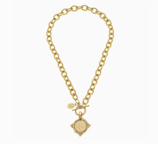 Handcast Gold Intaglio Coin Front Toggle Necklace