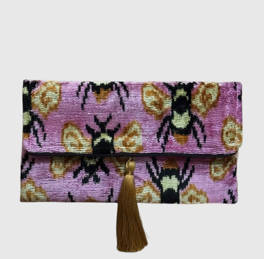 Silk Velvet IKAT Clutch - Pink Honey Bee