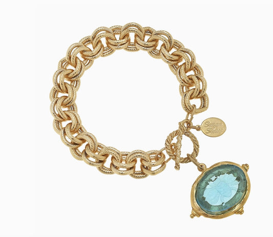 Aqua Venetian Glass Bee Intaglio on Gold Chain Bracelet by Susan Shaw