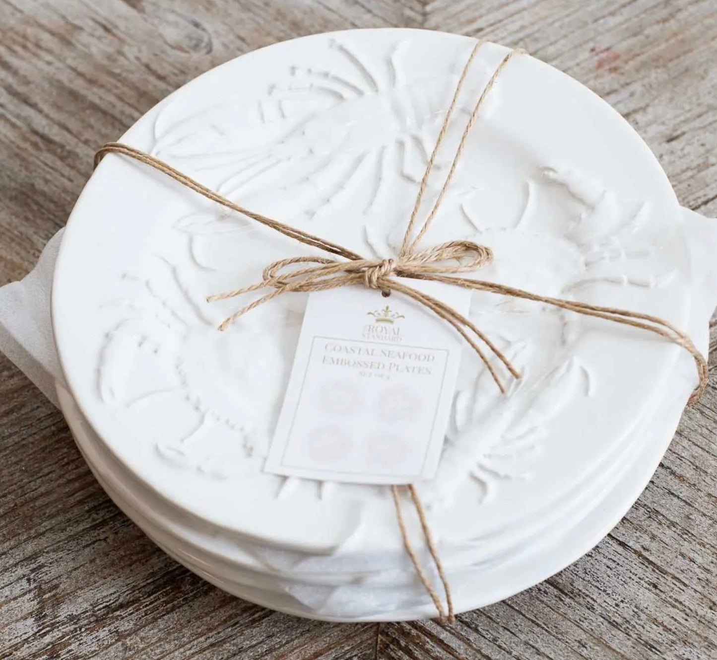 Coastal Seafood Embossed Plates White 8" Set of 4