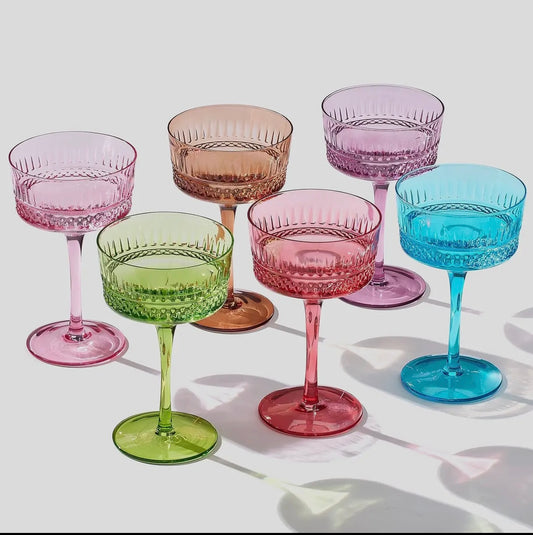 Art Deco Colored Crystal Coupes Glass, Set of 6
