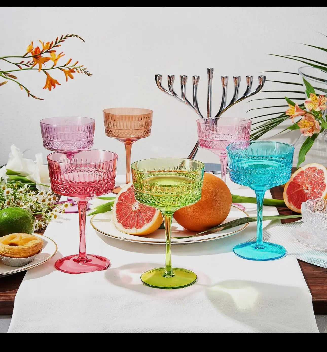 Art Deco Colored Crystal Coupes Glass, Set of 6