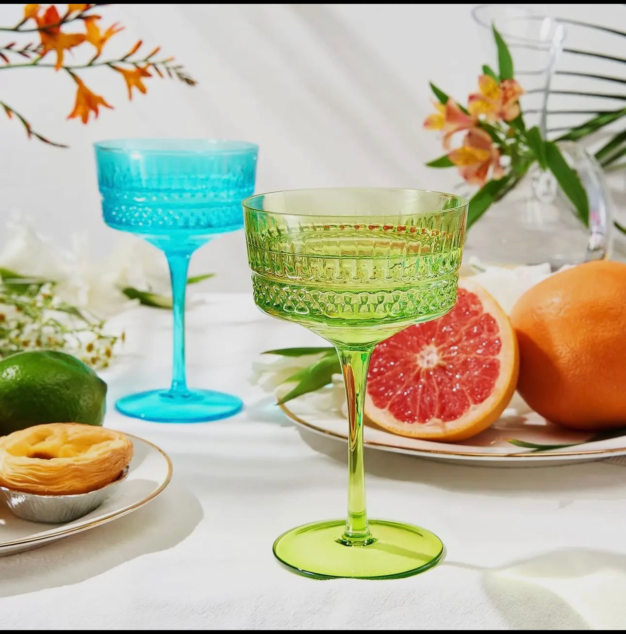 Art Deco Colored Crystal Coupes Glass, Set of 6