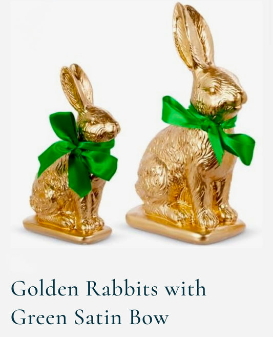 Golden Rabbits with Green Satin Bow